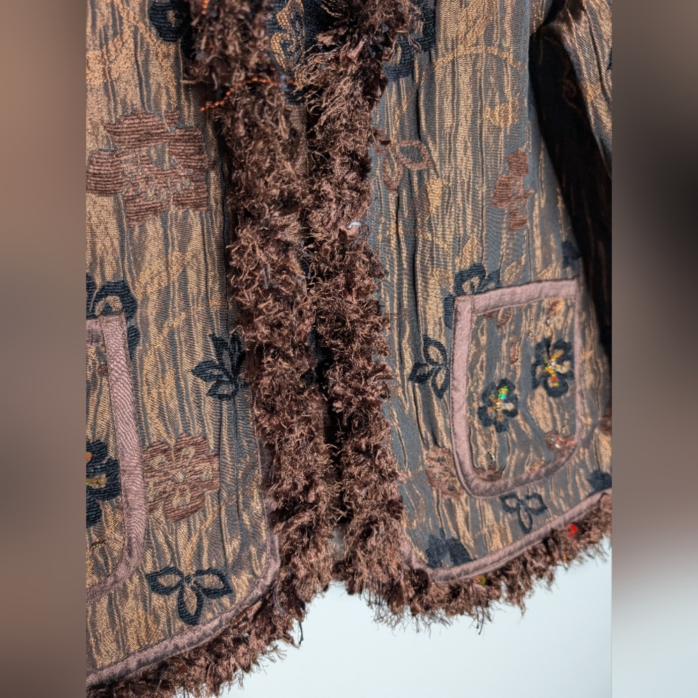 Women's Vintage Boho Brown Fringed Blazer Floral Stripe Espresso Brown Black M - Picture 6 of 10